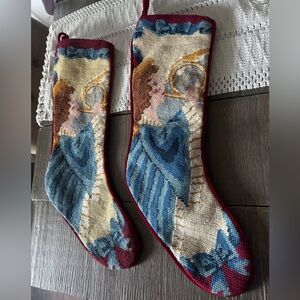 Vintage Red Velvet Needlepoint Angel Christmas Stockings Pair Handmade